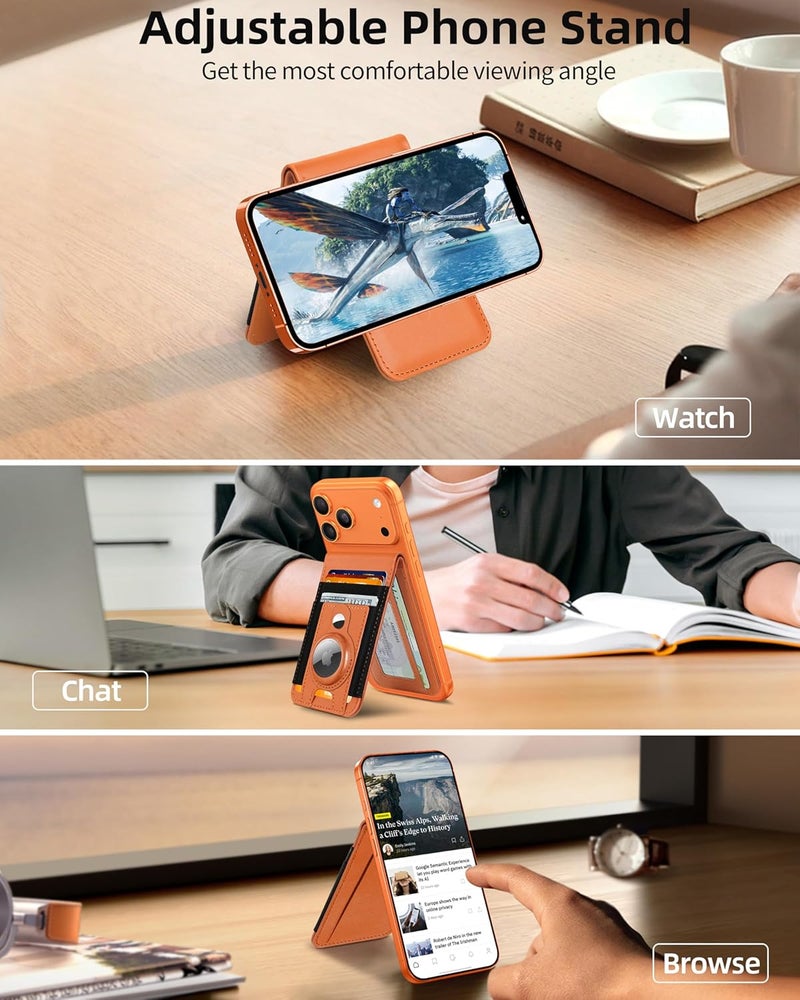ExtreLife For Magsafe Wallet Stand with Airtag Holder, Strongest Magnetic Wallet for iPhone 17/16/15/14/13/12 Series, ID Window, 4 Card Slots, 10 Cards Holder, Vegan Leather, RFID Blocking, Orange - Image 3